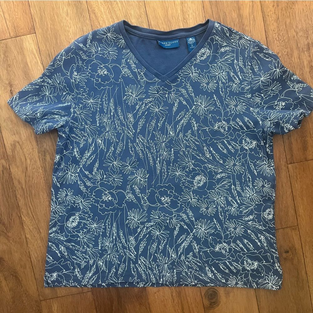Karen Scott Sport Short Sleeve T-Shirt Blue with White Floral Print - Size M